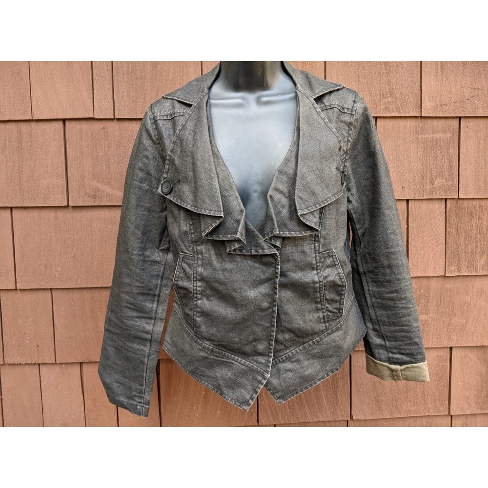 Cabi linen wax motorcycle jacket ruffle button blackish brown Blazer small
